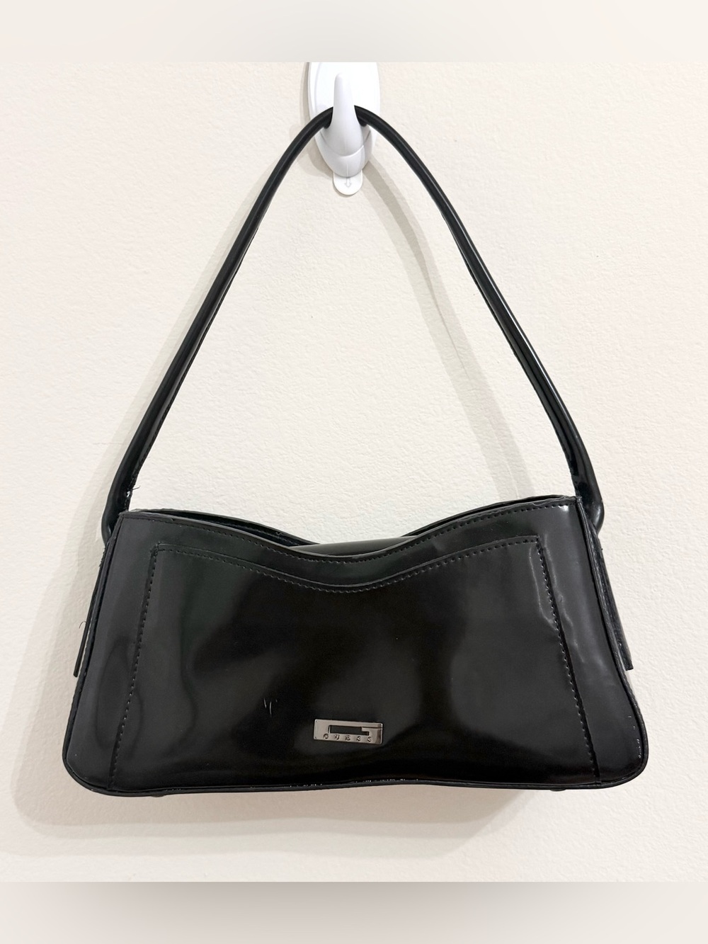 Vintage Guess Black Patent Mini Shoulder Bag with Silver Hardware